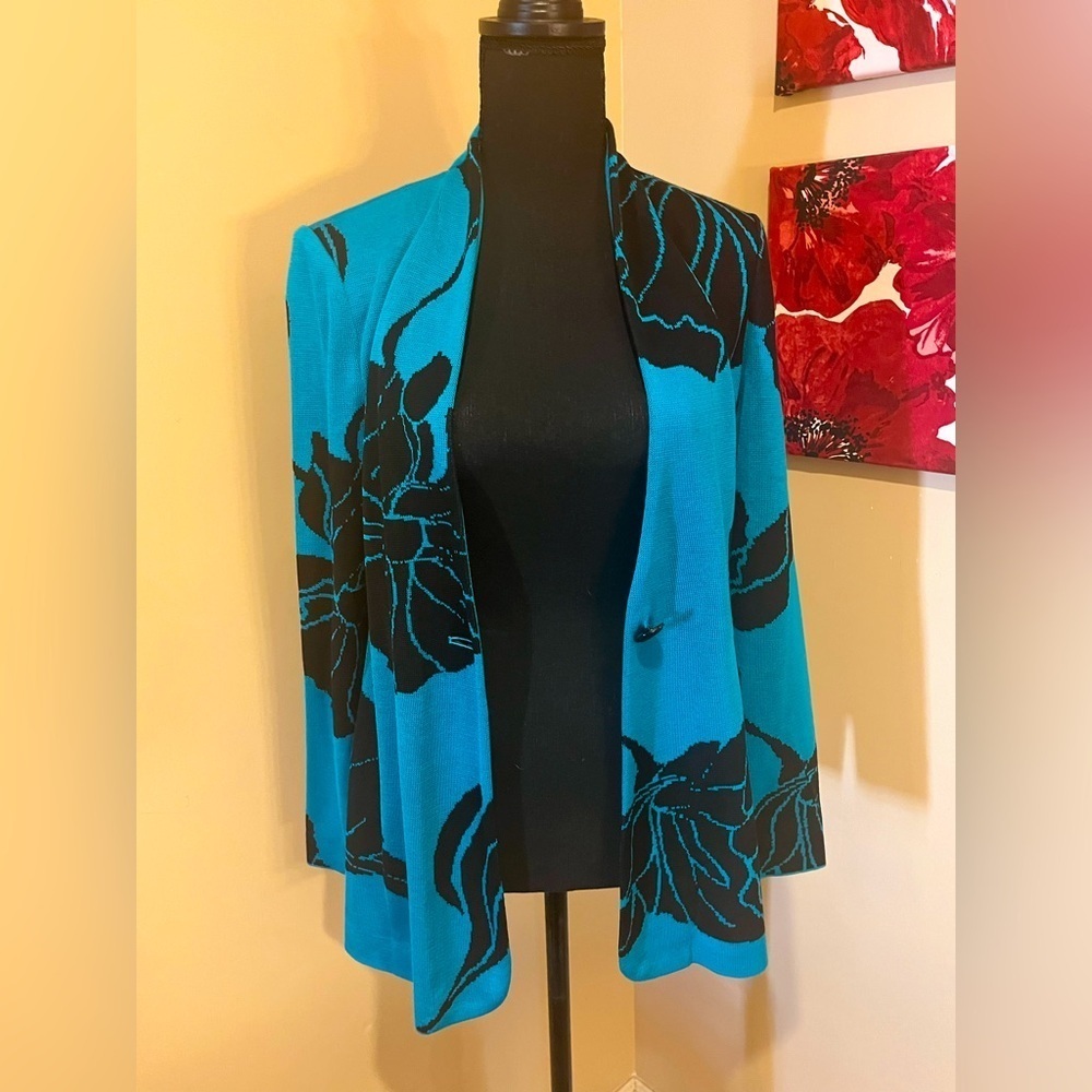 Ming Wang Teal and Black Floral Knit Cardigan